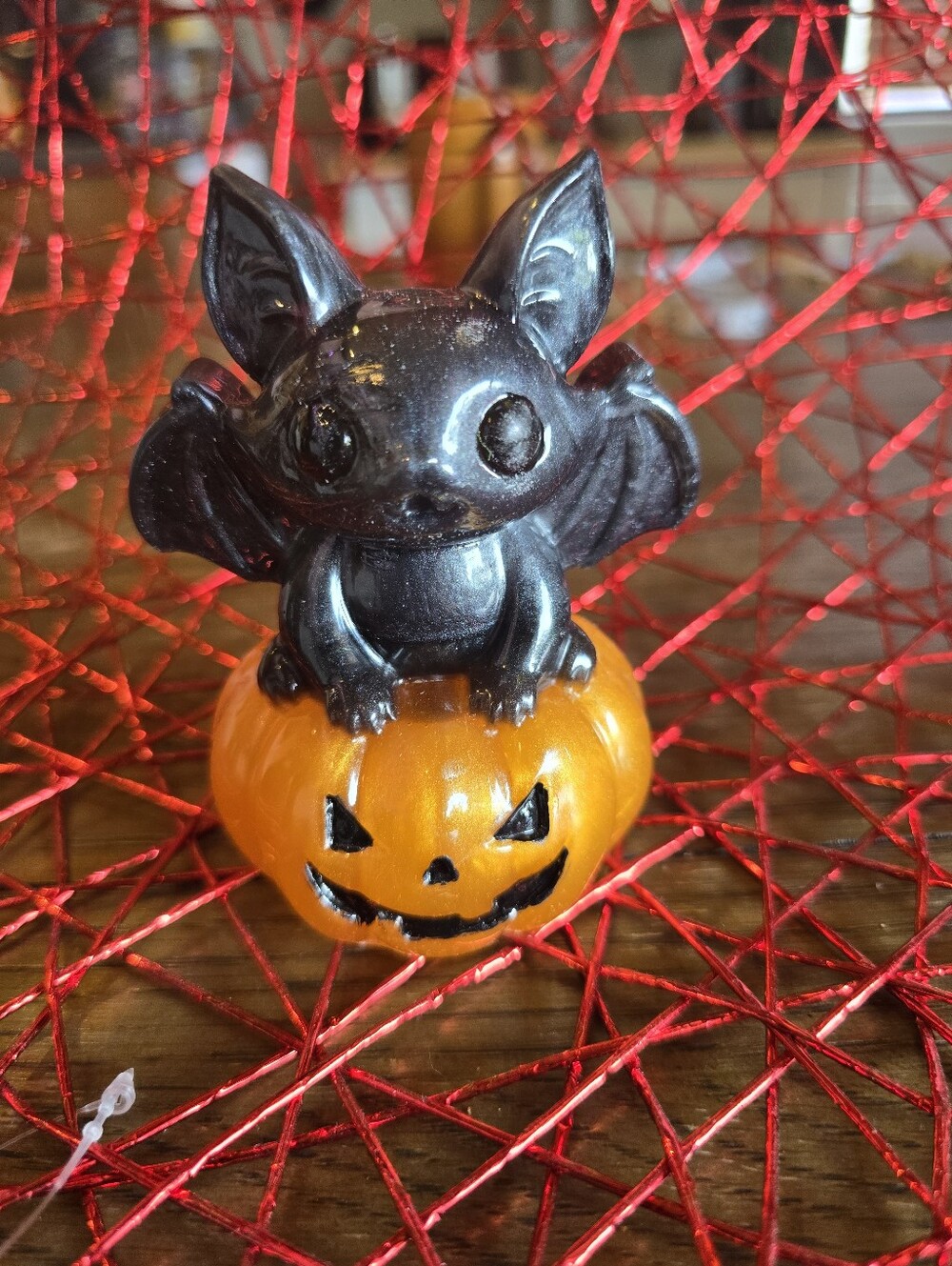 Black Bat on Orange Pumpkin Halloween Figurine - Home Accents